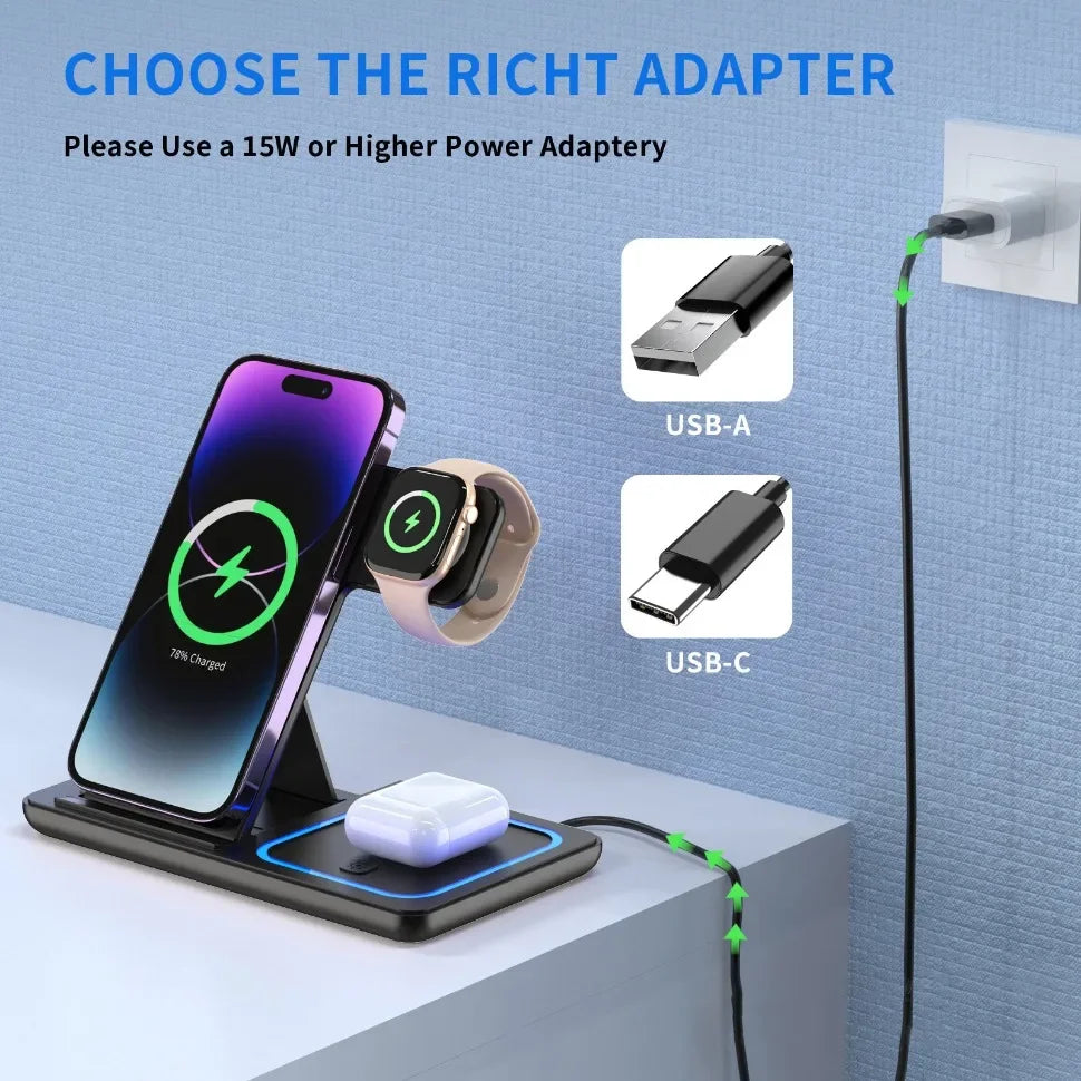 Foldable 3 in 1 Wireless Charging Station for Phone