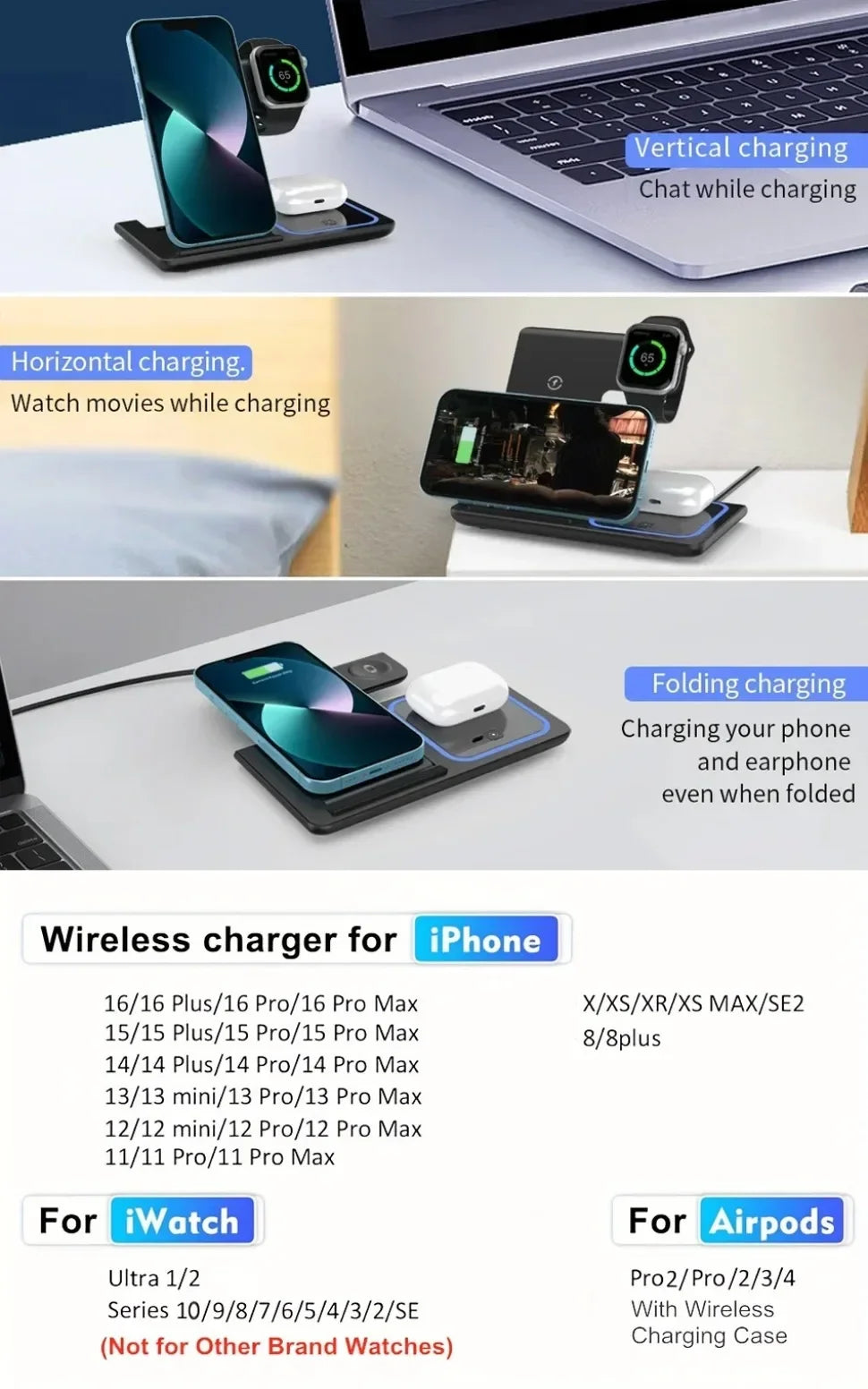 Foldable 3 in 1 Wireless Charging Station for Phone